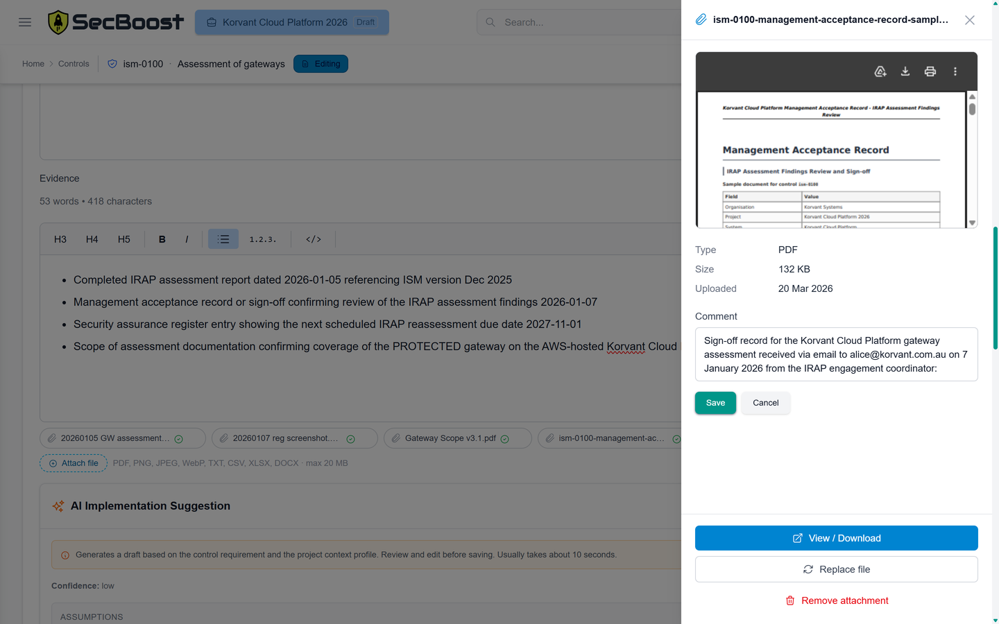 Edit control evidence attachment
